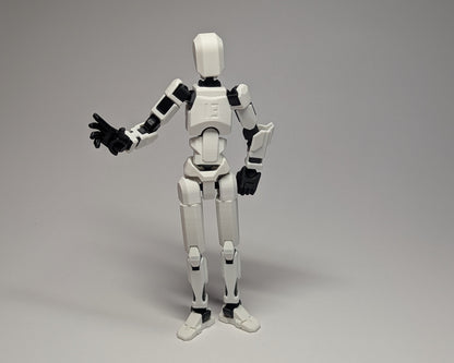 White robot figure with black accents on a gray background